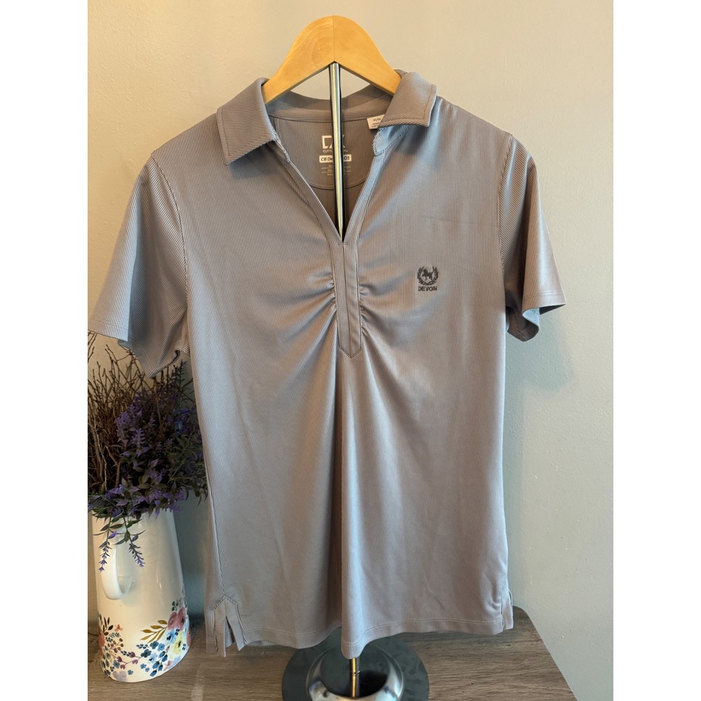 Cutter & Buck Womens Grey Pinstripe DryTec UPF 50+ Ruched V-Neck Golf Polo M